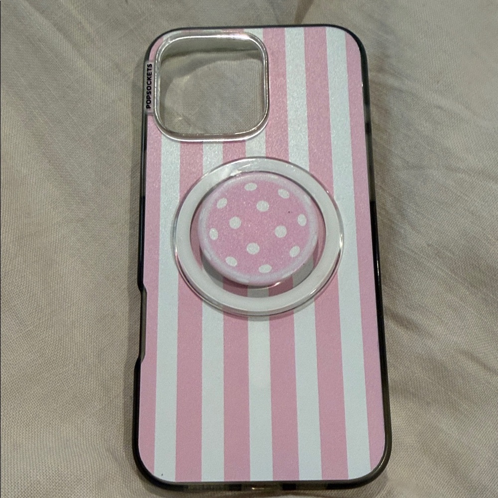 Popsockets iPhone 16 Pro Max Pink and White Striped Phone Case with Grip